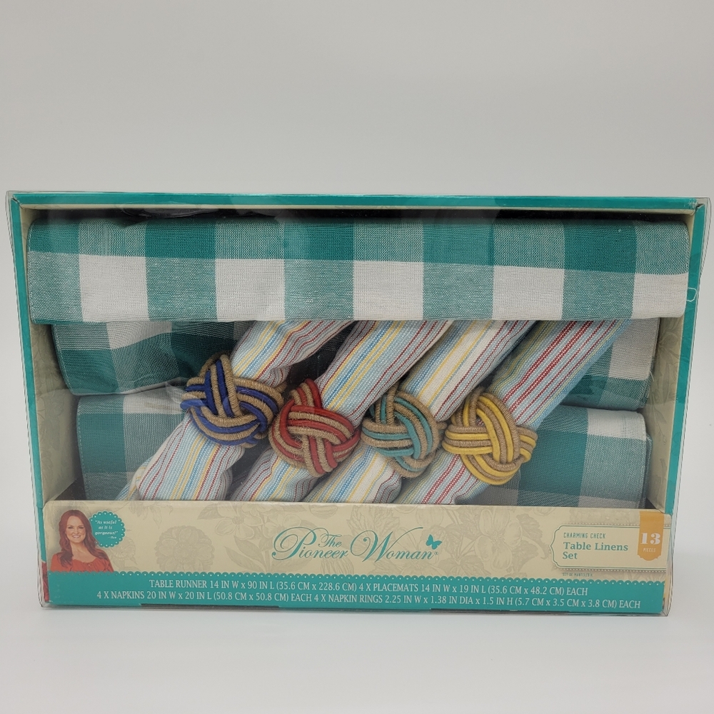 The Pioneer Woman Table Linen Set Teal White Charming Check Tablescape 13pc NEW